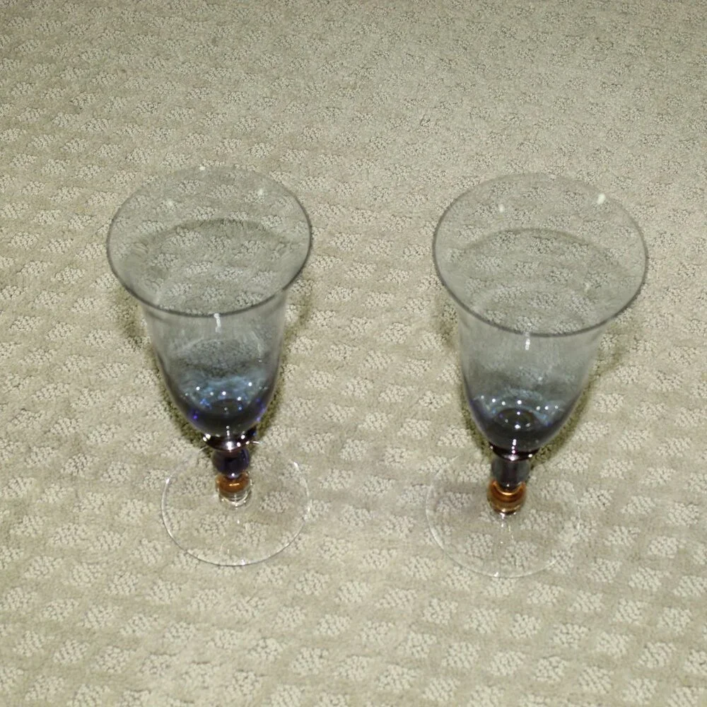 Mikasa Estate Light Blue Amber Ice Tea Glasses, Wine Goblets Set of 2